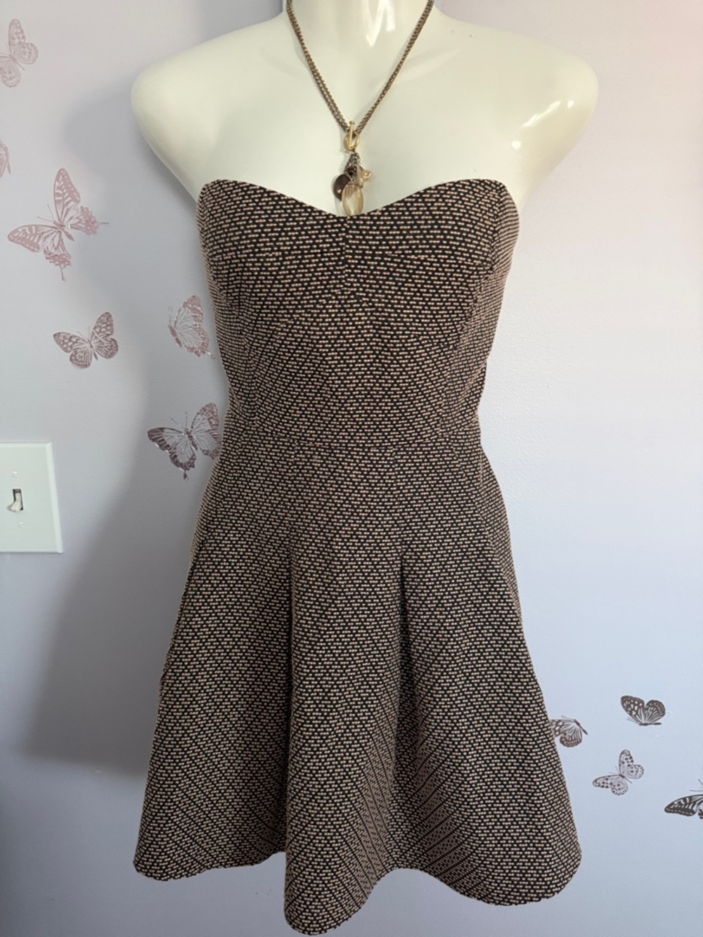 Strapless Brown Patterned Fit & Flare BCBG Dress